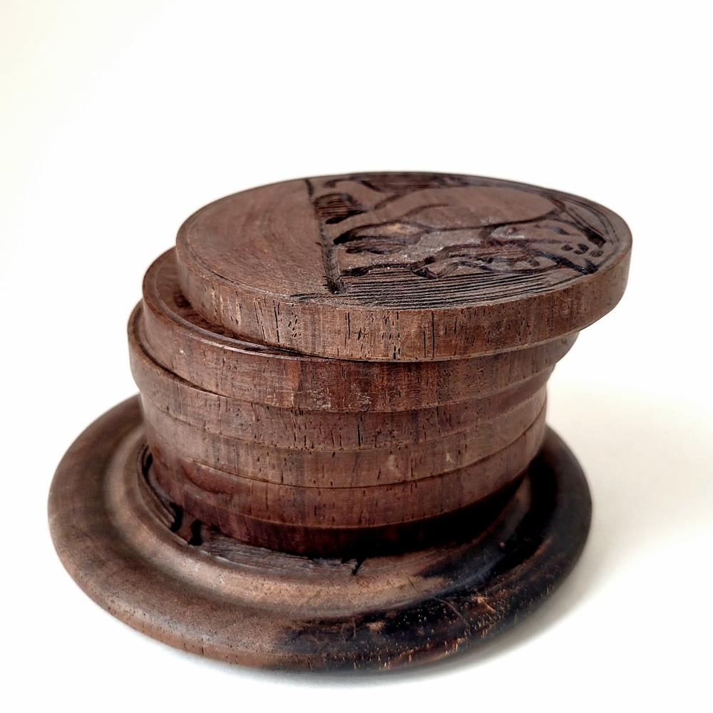 Vintage African Hand Carved Wooden Coasters And Tray Set of 7 Pieces